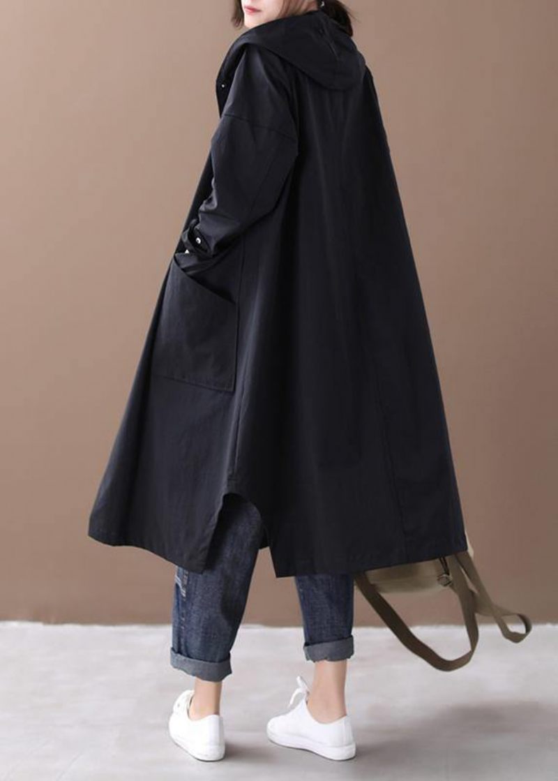 Elegant Sort Fashion Box Coat Inspiration Hætte Med Store Lommer - Sort