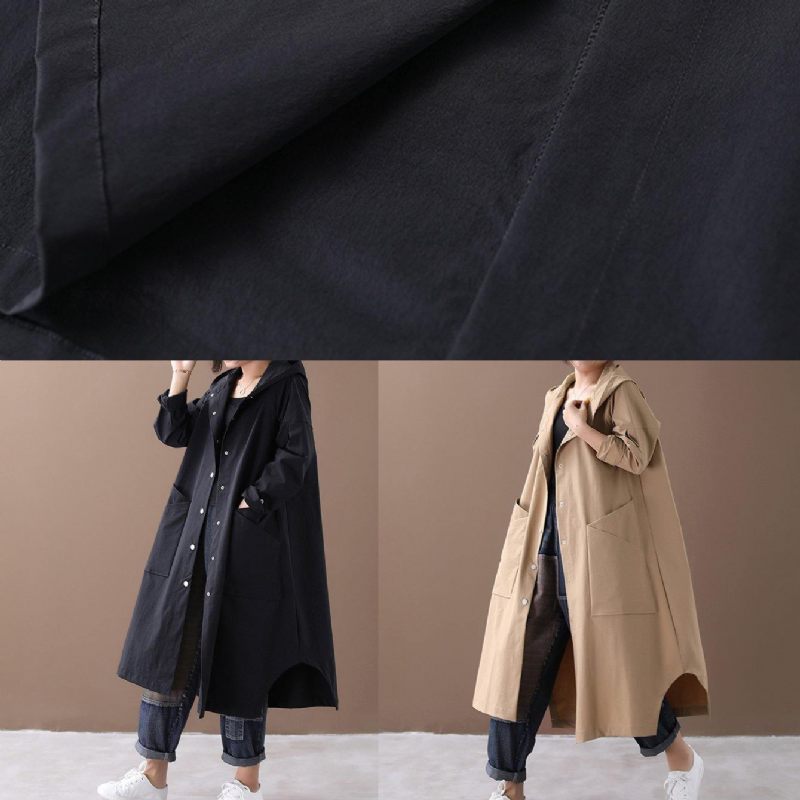 Elegant Sort Fashion Box Coat Inspiration Hætte Med Store Lommer - Sort