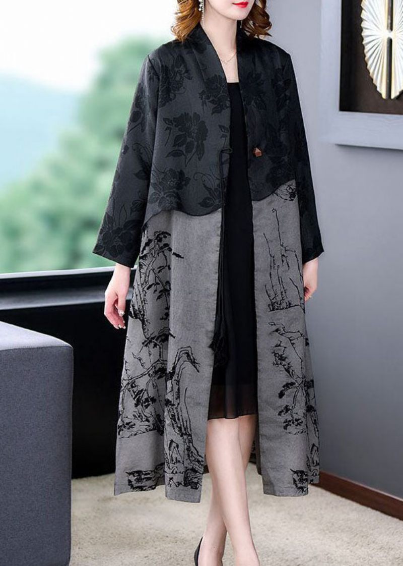 Elegant Sort Kvast Patchwork Print Silke Trenchcoat Fjeder