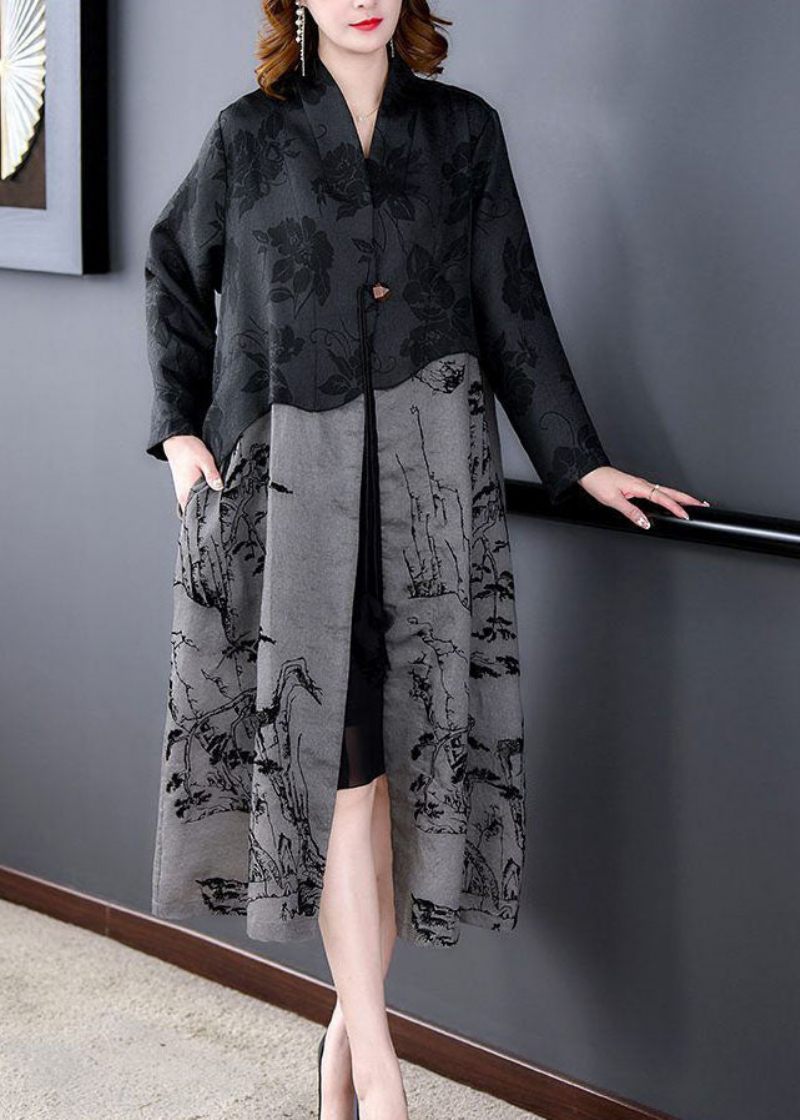 Elegant Sort Kvast Patchwork Print Silke Trenchcoat Fjeder - Dame trenchcoats