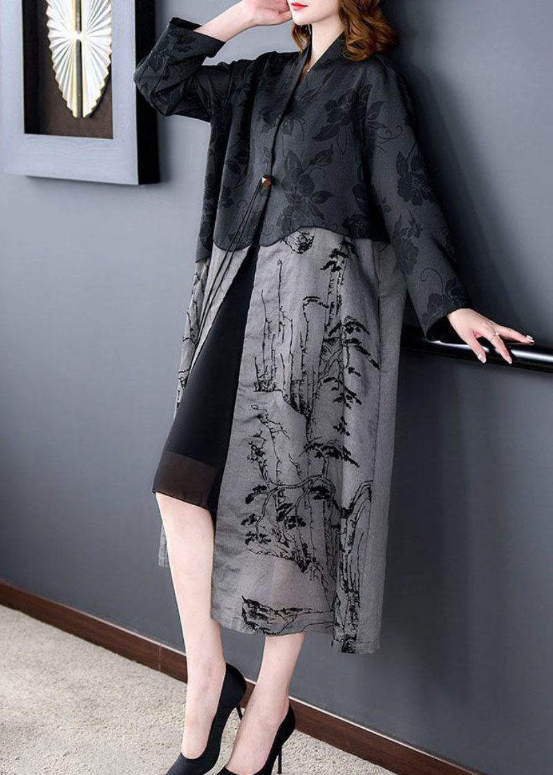 Elegant Sort Kvast Patchwork Print Silke Trenchcoat Fjeder - Dame trenchcoats