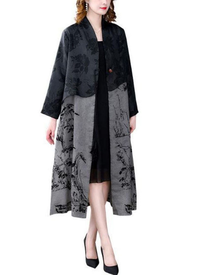 Elegant Sort Kvast Patchwork Print Silke Trenchcoat Fjeder - Dame trenchcoats