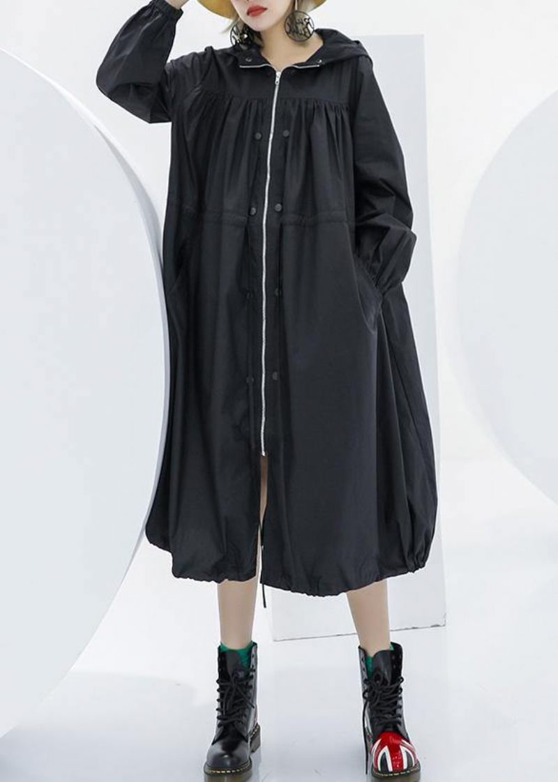 Elegant Sort Oversized Maxi Frakke Hættelommer Med Lynlås