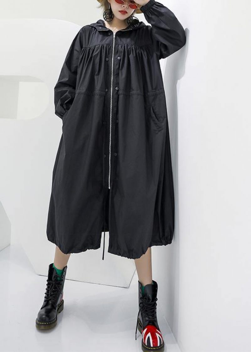 Elegant Sort Oversized Maxi Frakke Hættelommer Med Lynlås - Dame trenchcoats