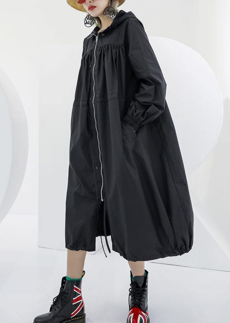 Elegant Sort Oversized Maxi Frakke Hættelommer Med Lynlås - Dame trenchcoats