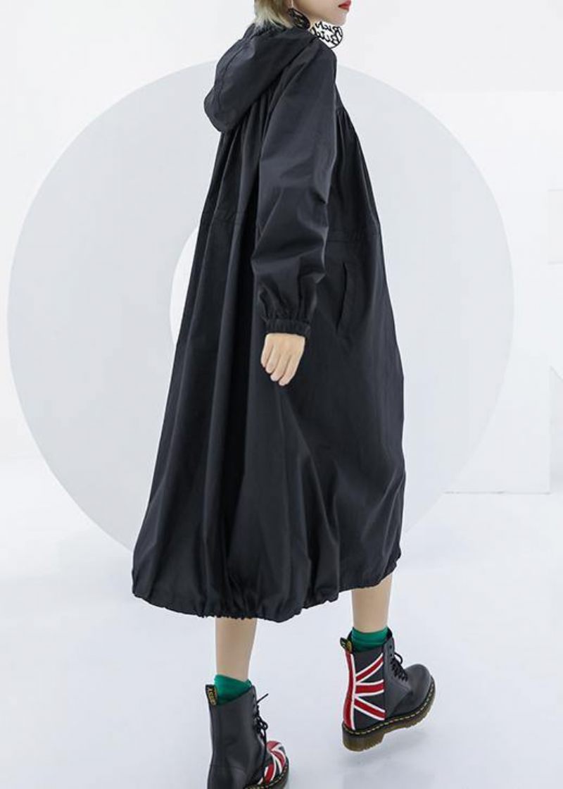 Elegant Sort Oversized Maxi Frakke Hættelommer Med Lynlås - Dame trenchcoats