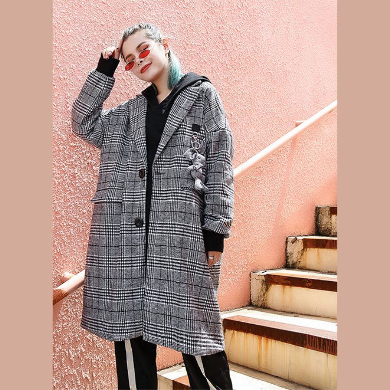 Elegant Sort Plaid Maxi Frakke Afslappet Lang Jakke Med Hak Fashion Baggy Med Lynlås - Dame trenchcoats