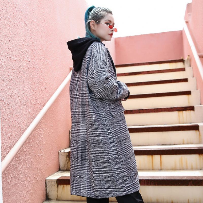 Elegant Sort Plaid Maxi Frakke Afslappet Lang Jakke Med Hak Fashion Baggy Med Lynlås - Dame trenchcoats