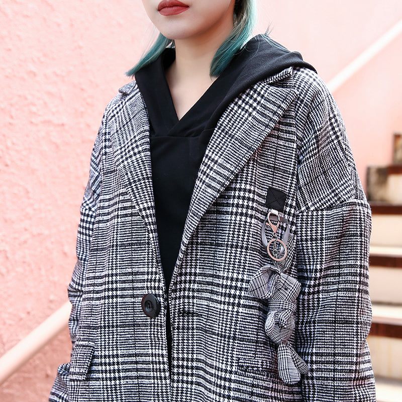 Elegant Sort Plaid Maxi Frakke Afslappet Lang Jakke Med Hak Fashion Baggy Med Lynlås - Dame trenchcoats