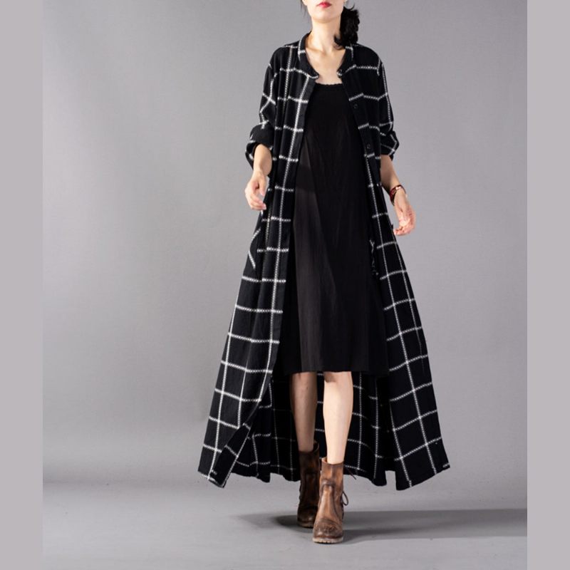 Elegant Sort Plaid Maxi Frakke Trendy Plus Size Stand Krave Vinter Boutique Lommer Frakker