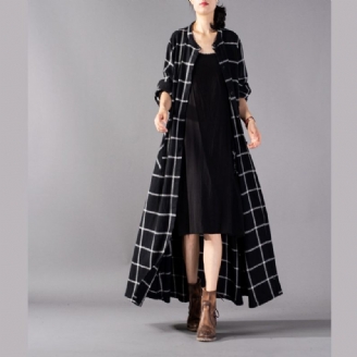 Elegant Sort Plaid Maxi Frakke Trendy Plus Size Stand Krave Vinter Boutique Lommer Frakker