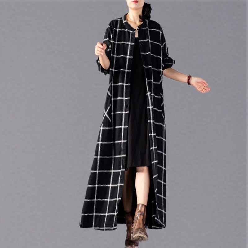 Elegant Sort Plaid Maxi Frakke Trendy Plus Size Stand Krave Vinter Boutique Lommer Frakker - Sort