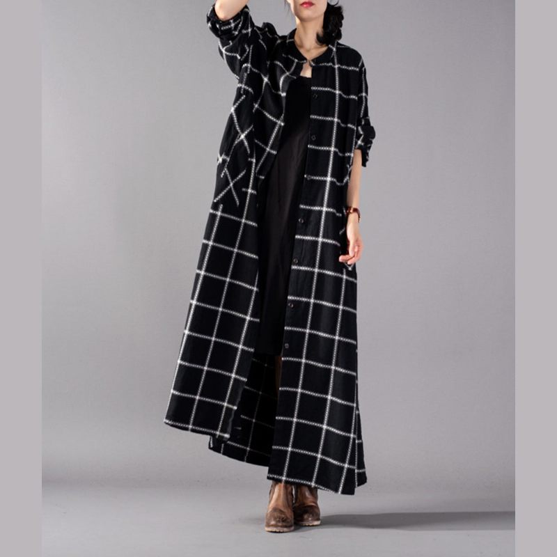 Elegant Sort Plaid Maxi Frakke Trendy Plus Size Stand Krave Vinter Boutique Lommer Frakker - Sort