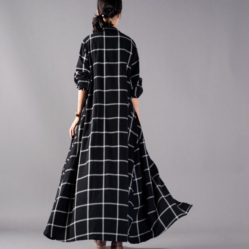 Elegant Sort Plaid Maxi Frakke Trendy Plus Size Stand Krave Vinter Boutique Lommer Frakker - Sort