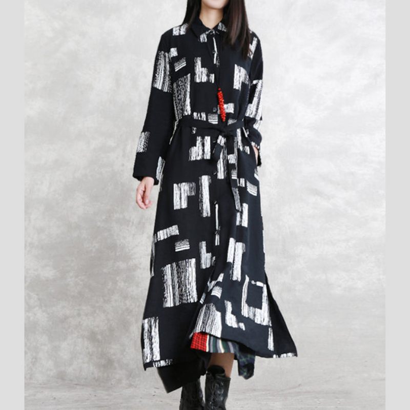 Elegant Sort Print Maxi Frakke Oversize Turn-down Krave Bindebånd Talje Lang Vintage Langærmede Lommer Lange Frakker