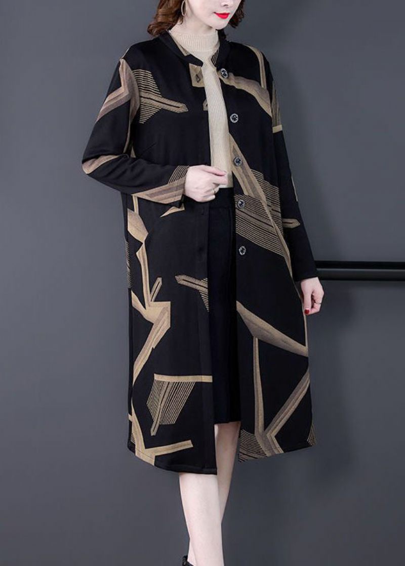 Elegant Sort Standkrave Oversized Print Coat Outwear Langærmet - Dame trenchcoats