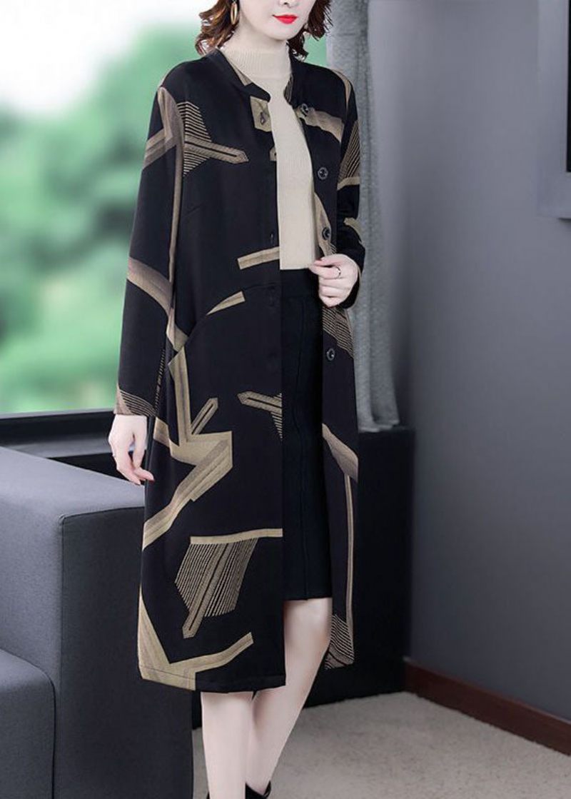 Elegant Sort Standkrave Oversized Print Coat Outwear Langærmet - Dame trenchcoats