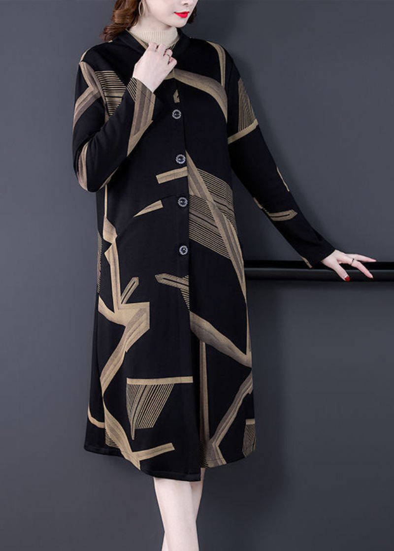 Elegant Sort Standkrave Oversized Print Coat Outwear Langærmet - Dame trenchcoats