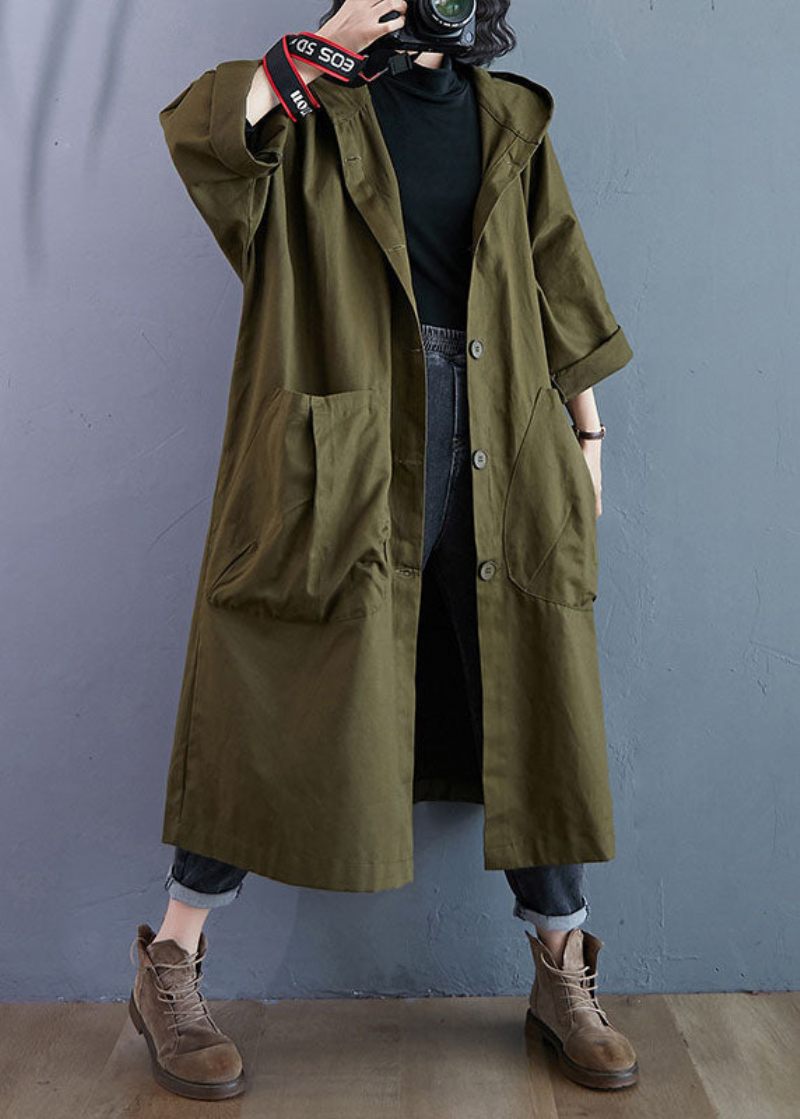 Elegante Armygrønne Lommer Knap Fall Hooded Langærmede Trench Coats