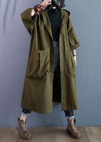 Elegante Armygrønne Lommer Knap Fall Hooded Langærmede Trench Coats