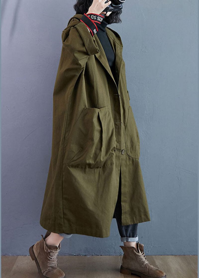 Elegante Armygrønne Lommer Knap Fall Hooded Langærmede Trench Coats - Dame trenchcoats