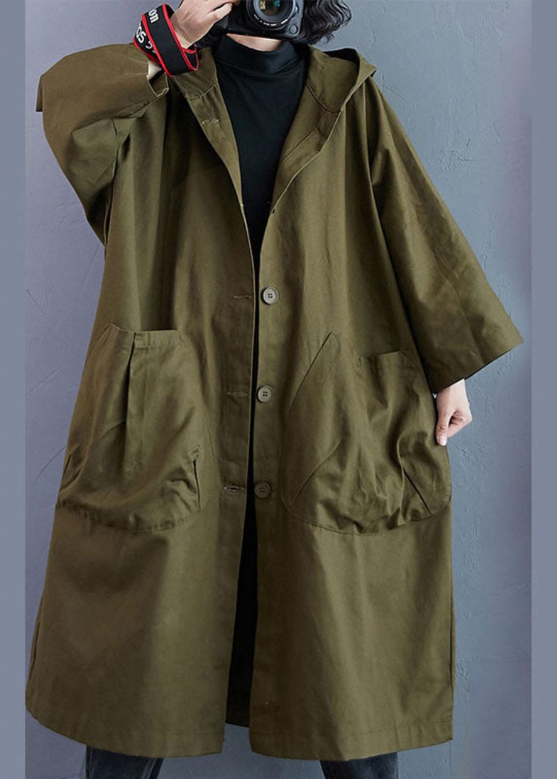 Elegante Armygrønne Lommer Knap Fall Hooded Langærmede Trench Coats - Dame trenchcoats