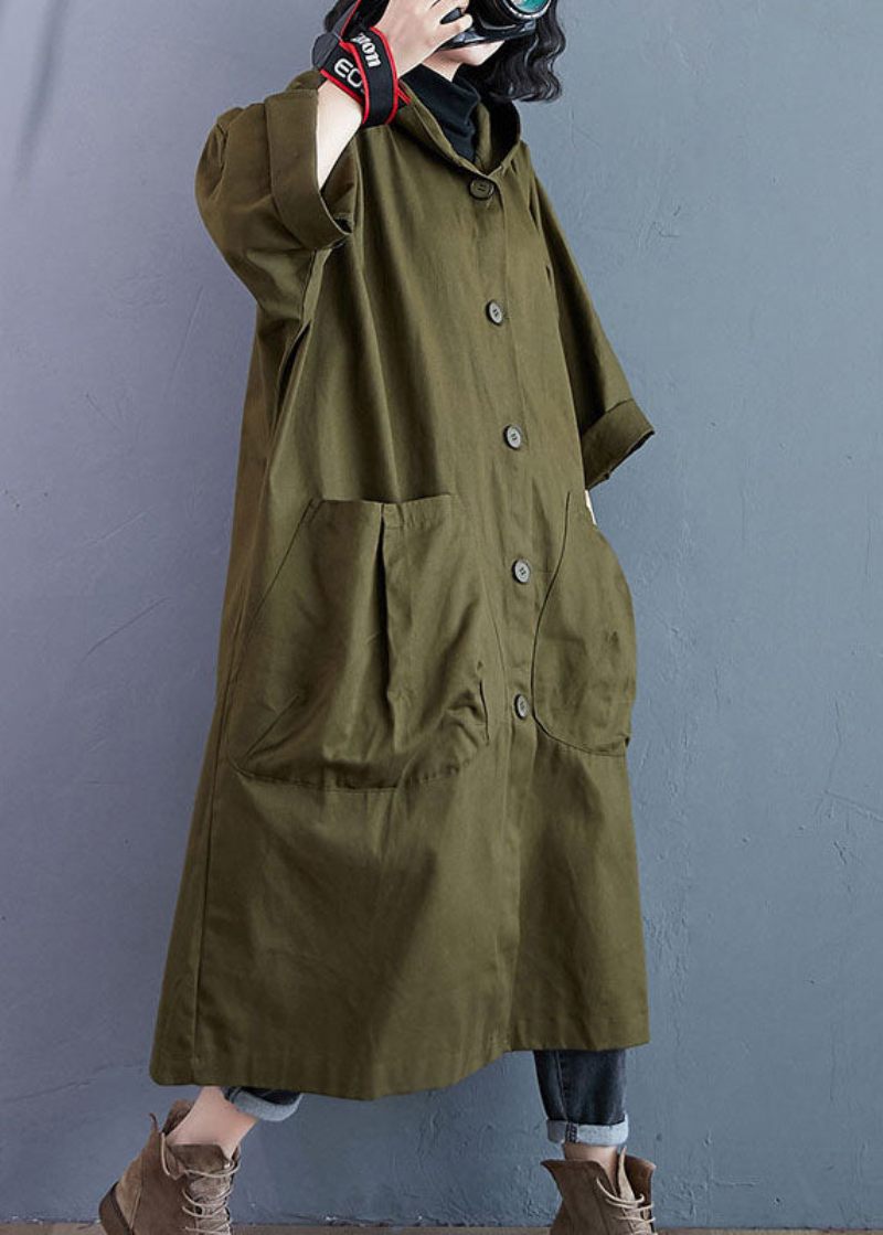 Elegante Armygrønne Lommer Knap Fall Hooded Langærmede Trench Coats - Dame trenchcoats