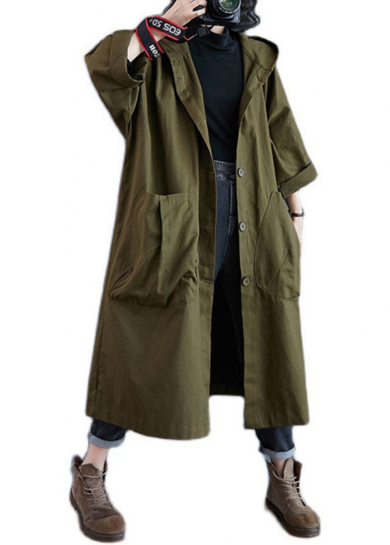 Elegante Armygrønne Lommer Knap Fall Hooded Langærmede Trench Coats - Dame trenchcoats