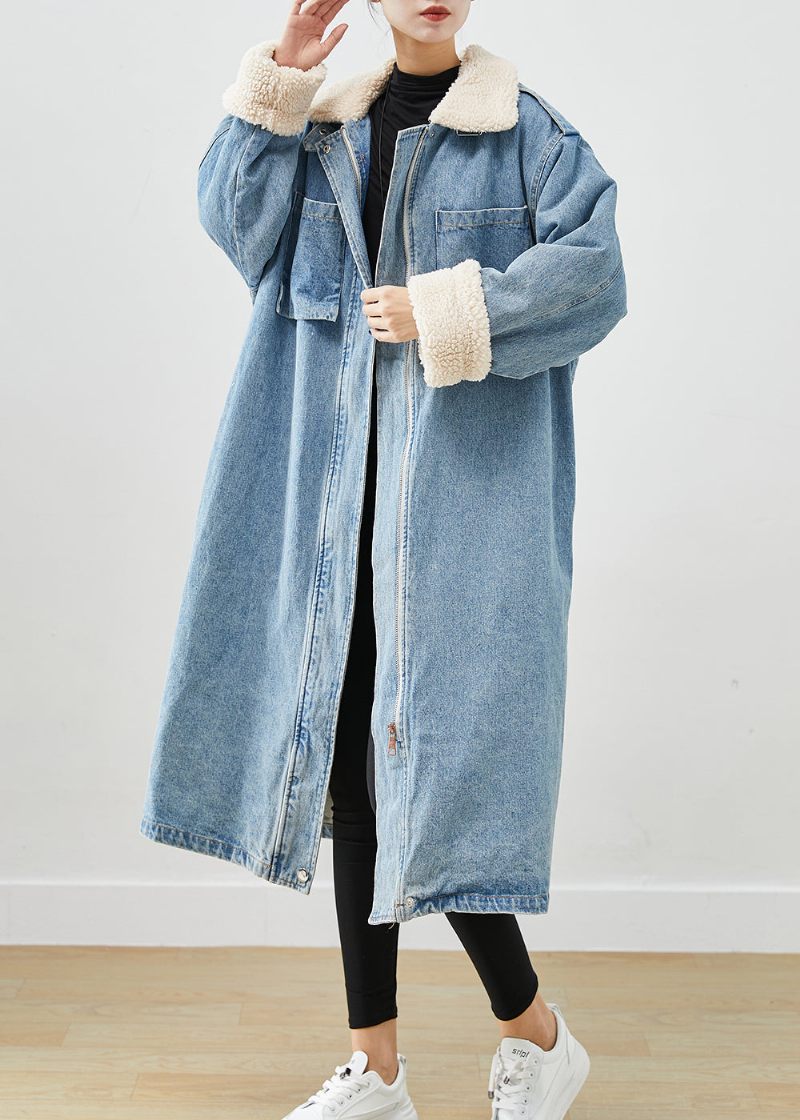 Elegante Blå Overdimensionerede Lommer Fleece Uldforet Denim Trench Fall