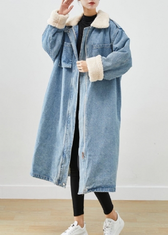 Elegante Blå Overdimensionerede Lommer Fleece Uldforet Denim Trench Fall