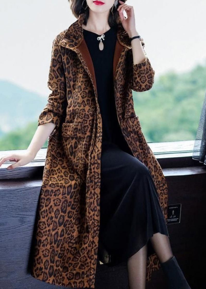 Elegante Leopardlommer Patchwork Varm Fleece Trench Vinter