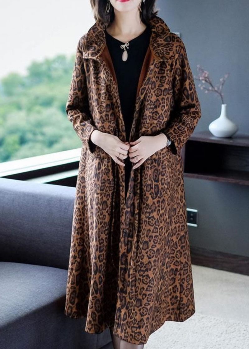 Elegante Leopardlommer Patchwork Varm Fleece Trench Vinter - Dame trenchcoats