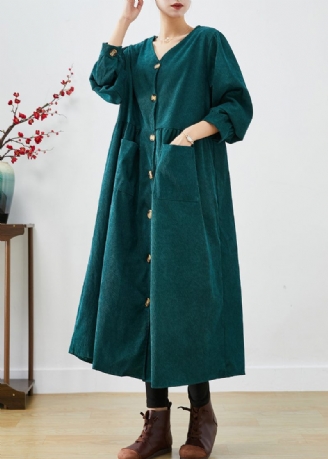 Elegante Sortgrønne Overdimensionerede Lommer Corduroy Trench Fall