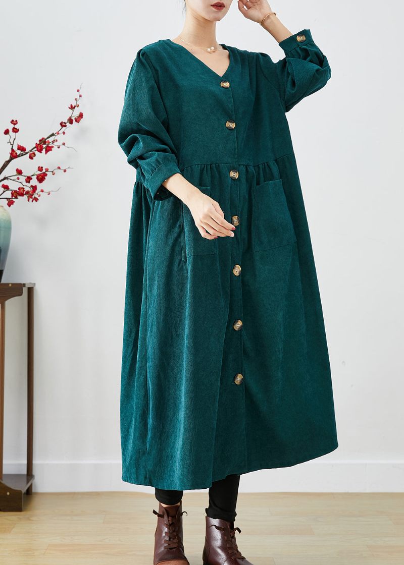 Elegante Sortgrønne Overdimensionerede Lommer Corduroy Trench Fall - Dame trenchcoats