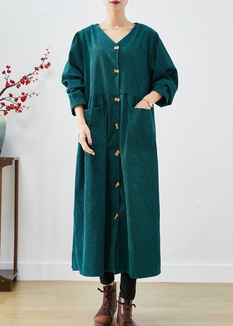 Elegante Sortgrønne Overdimensionerede Lommer Corduroy Trench Fall - Dame trenchcoats