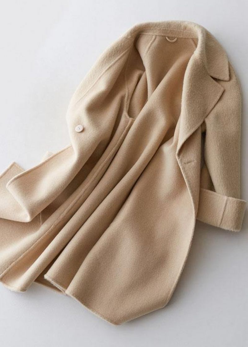 Elegante Trendy Plus Size Mellemlange Frakker Dobbelt Bryst Jakker Beige Store Lommer Uldne - Dame trenchcoats