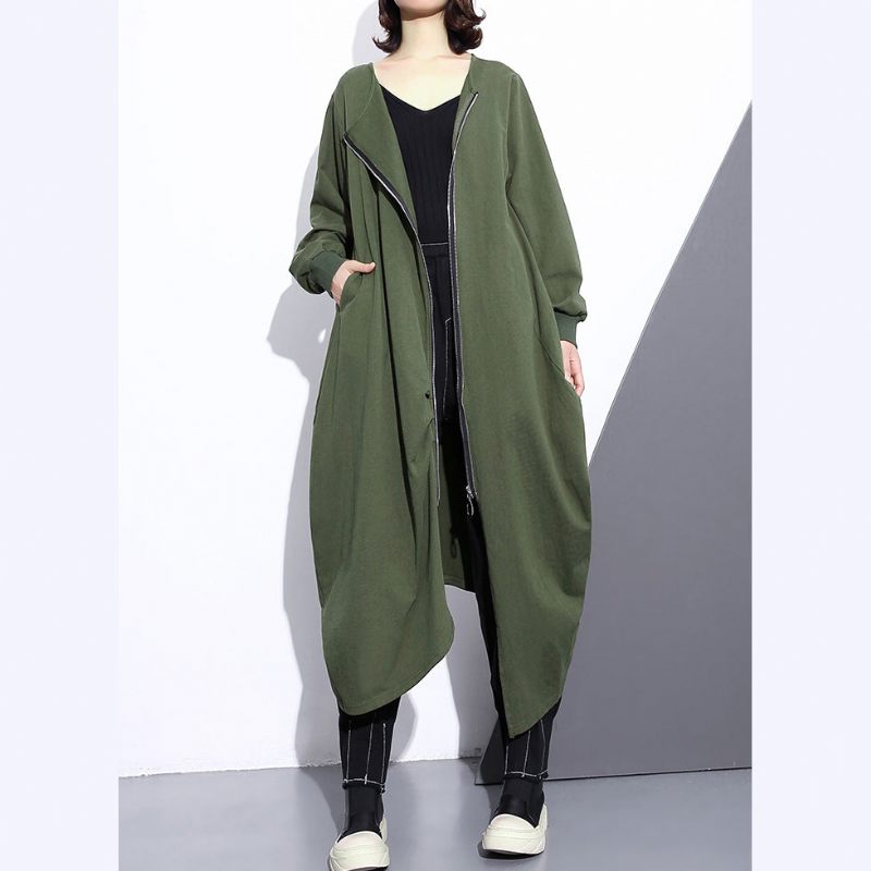 Fashion Army Grøn Lang Frakke Oversize O-hals Asymmetrisk Design Outwear Mode Lynlås Frakker