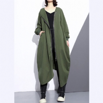 Fashion Army Grøn Lang Frakke Oversize O-hals Asymmetrisk Design Outwear Mode Lynlås Frakker