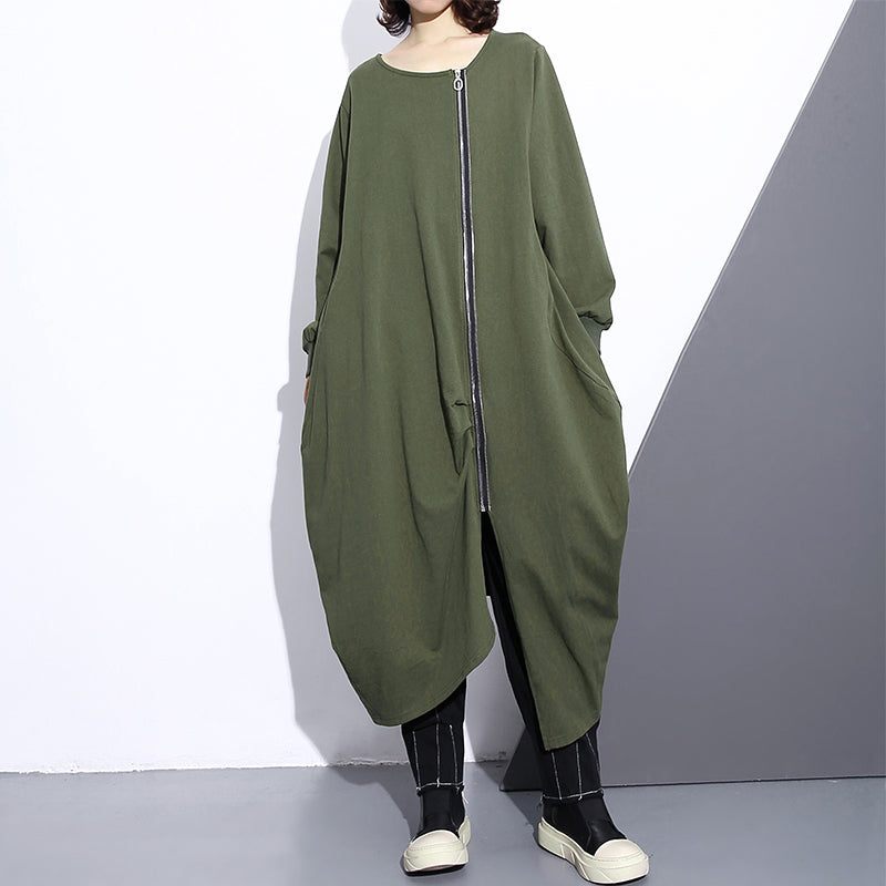 Fashion Army Grøn Lang Frakke Oversize O-hals Asymmetrisk Design Outwear Mode Lynlås Frakker - Sort