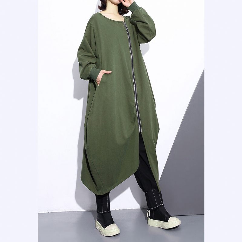 Fashion Army Grøn Lang Frakke Oversize O-hals Asymmetrisk Design Outwear Mode Lynlås Frakker - Sort