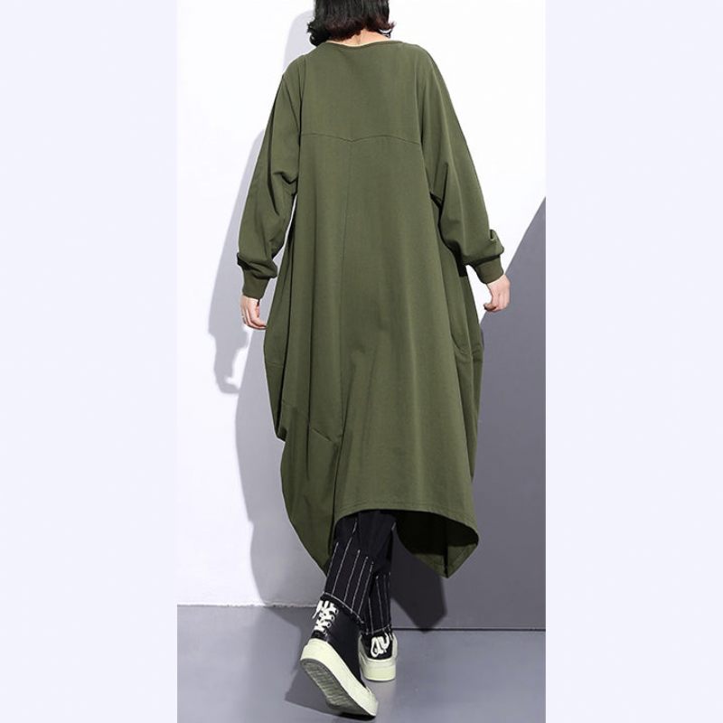 Fashion Army Grøn Lang Frakke Oversize O-hals Asymmetrisk Design Outwear Mode Lynlås Frakker - Sort