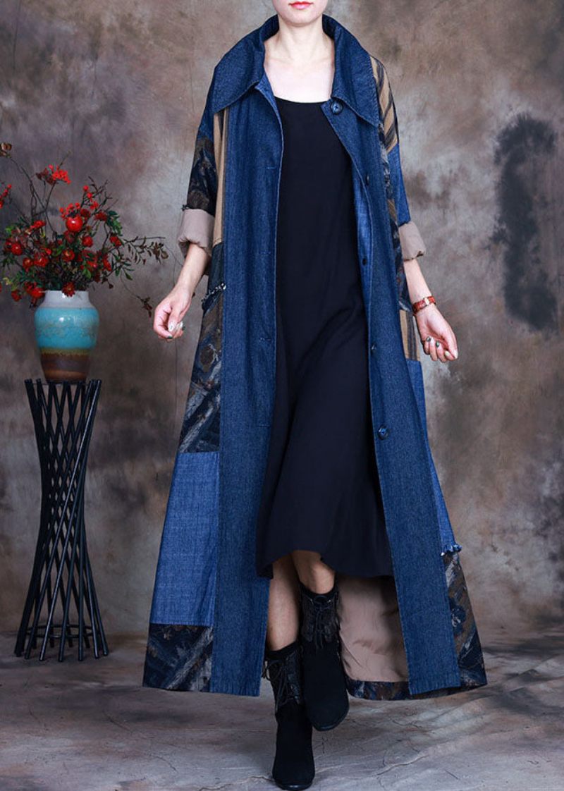 Fashion Blå Bindebånd I Taljen Peter Pan Krave Patchwork Bomuld Denim Trench Spring