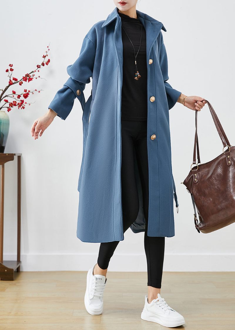 Fashion Blå Grå Peter Pan Krave Tie Talje Ulden Trench Fall - Dame trenchcoats