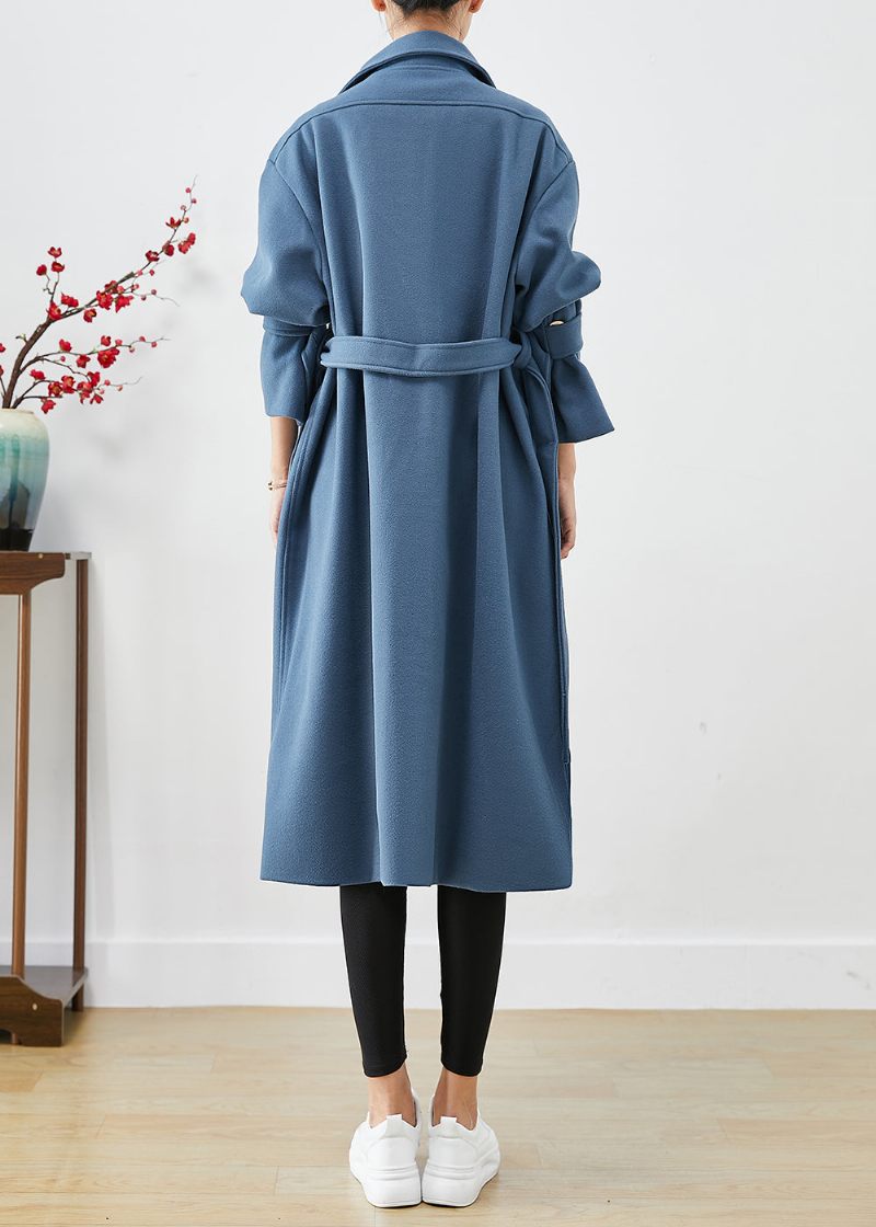 Fashion Blå Grå Peter Pan Krave Tie Talje Ulden Trench Fall - Dame trenchcoats