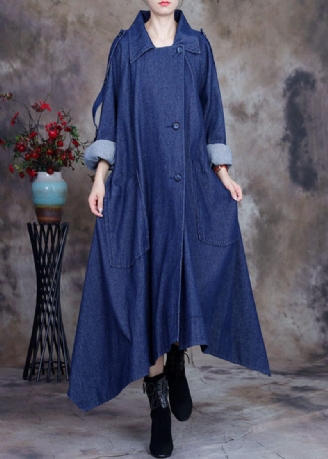 Fashion Blue Asymmetrisk Design Knap Peter Pan Krave Bomuld Denim Trench Coats Forår