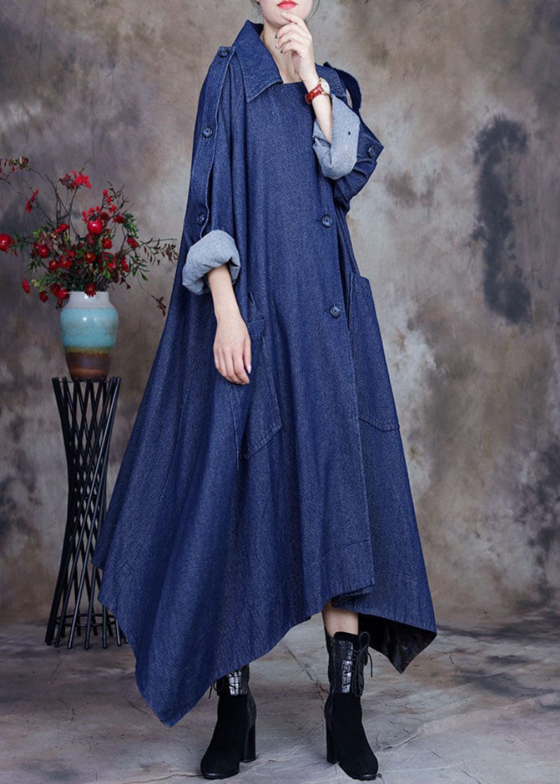 Fashion Blue Asymmetrisk Design Knap Peter Pan Krave Bomuld Denim Trench Coats Forår - Dame trenchcoats