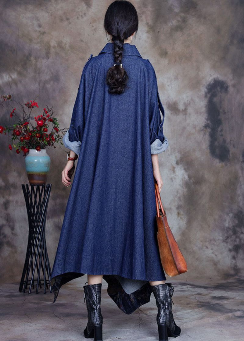 Fashion Blue Asymmetrisk Design Knap Peter Pan Krave Bomuld Denim Trench Coats Forår - Dame trenchcoats