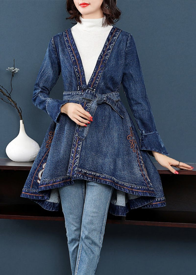 Fashion Blue Lavt Høj Design V-hals Broderet Bomuld Denim Trenchcoats Langærmet - Dame trenchcoats