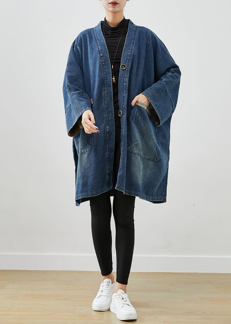 Fashion Blue Oversized Patchwork Denim Frakker Efterår - Dame trenchcoats