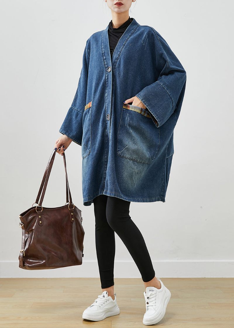 Fashion Blue Oversized Patchwork Denim Frakker Efterår - Dame trenchcoats